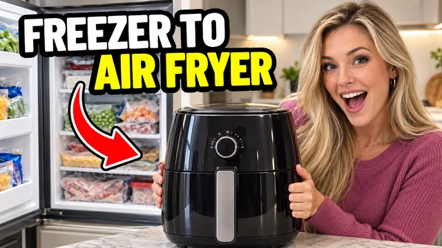 Cooking thumbnail with a presenter, air fryer, and Freezer to Air Fryer headline