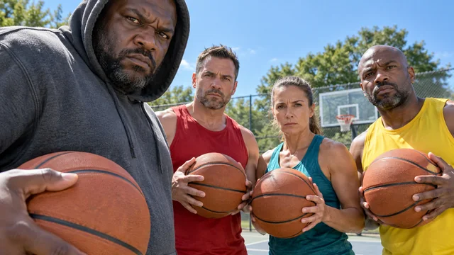 Four basketball players facing off on an outdoor court