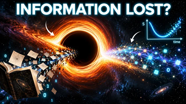 A glowing black hole pulling in papers beside an Information Lost headline