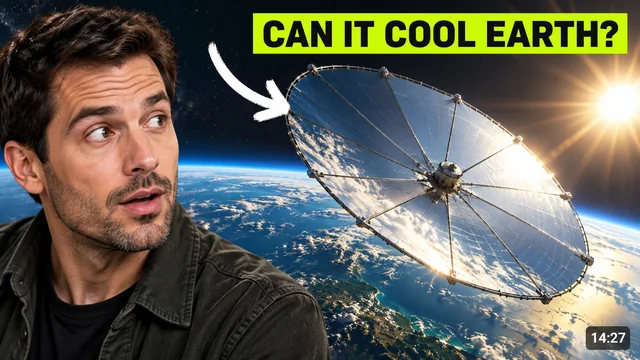 A presenter beside a large solar reflector with a Can It Cool Earth headline