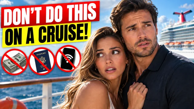 Cruise thumbnail with two travelers, a ship, and travel warning icons