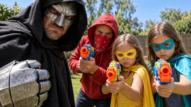 A costumed villain and children with toy blasters in a backyard