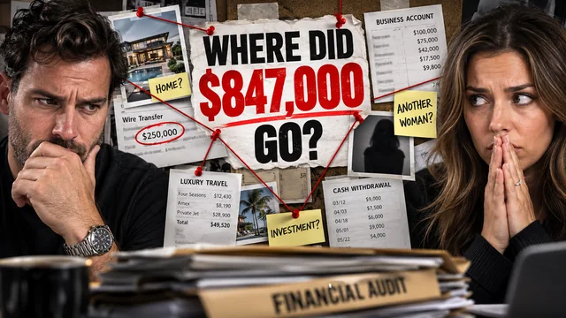 Two concerned people examining a financial audit with an $847,000 headline