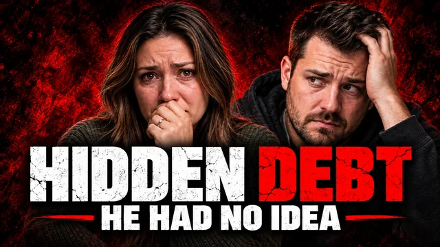 A concerned couple against a dark background with a Hidden Debt headline
