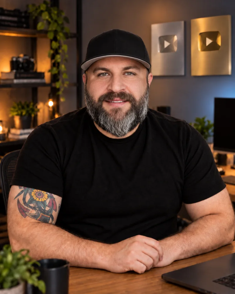 Justin Evans, founder of CustomThumbnails, seated in his studio
