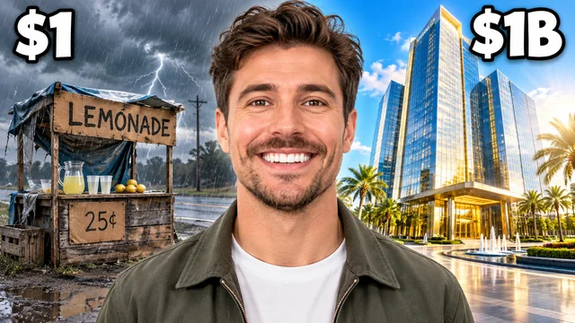 Business thumbnail comparing a one-dollar lemonade stand with a billion-dollar skyline