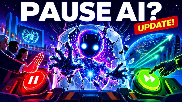 A glowing robot amid blue and purple screens with a Pause AI headline