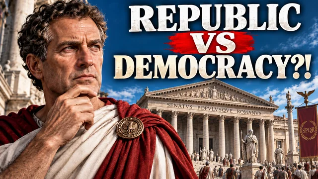A Roman figure and ancient buildings with a Republic vs Democracy headline