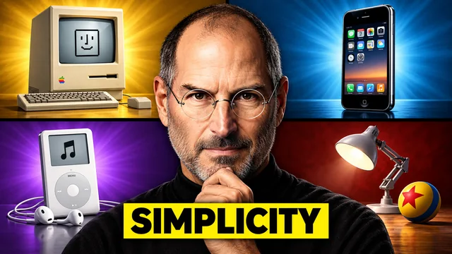 Steve Jobs surrounded by Apple products and a Simplicity headline