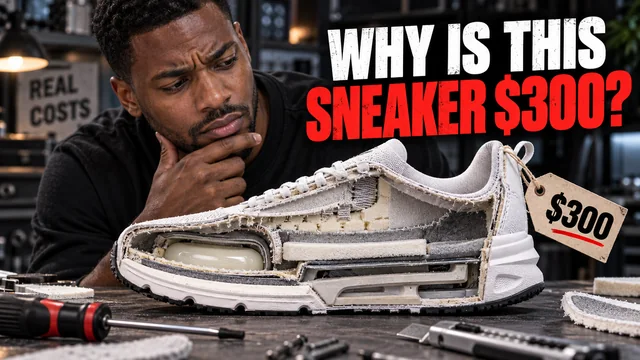 A presenter examining a cutaway sneaker and its materials