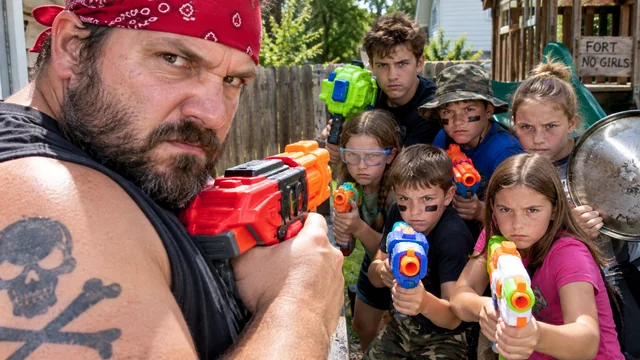 A family with toy blasters staging a backyard standoff