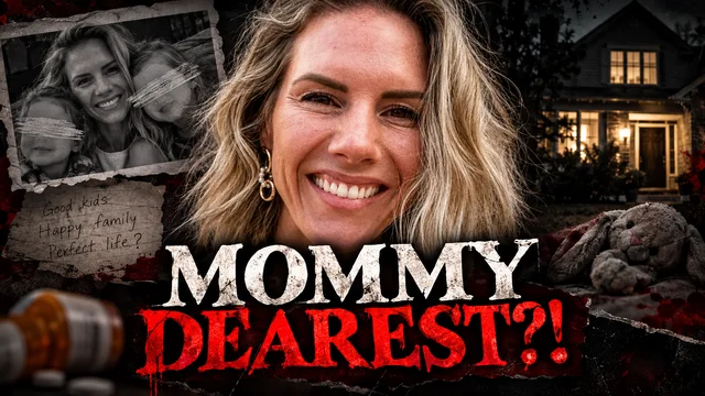 True-crime thumbnail with a woman, family photograph, dark house, and Mommy Dearest headline