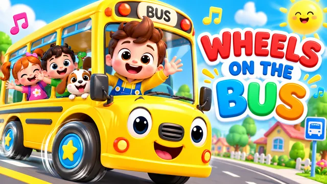 A smiling yellow school bus and colorful animated characters